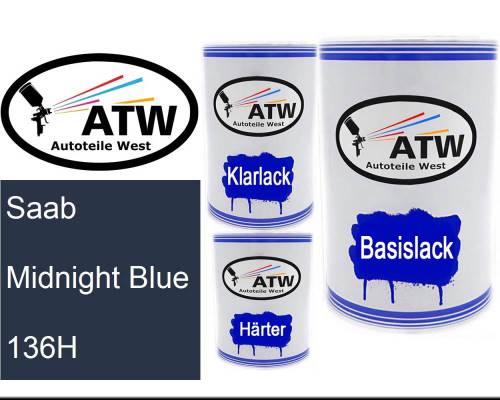 Saab, Midnight Blue, 136H: 500ml Lackdose + 500ml Klarlack + 250ml Härter - Set, von ATW Autoteile West.